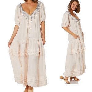 NWT Free People Sunday Stroll Cream Maxi Dress Ivory Peasant Modest Lagenlook